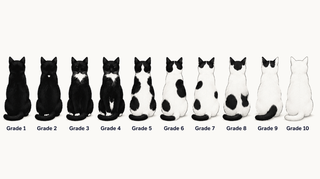 Infographic showing ten cat silhouettes illustrating the progression of white spotting from Grade 1 through Grade 10. The sequence begins with a solid-colored cat with no white markings and gradually increases the amount of white fur until Grade 10, which is completely white. Labels identify common coat patterns such as tuxedo, bicolor, harlequin, and van, and the diagram groups the grades into low-, medium-, and high-grade white spotting.