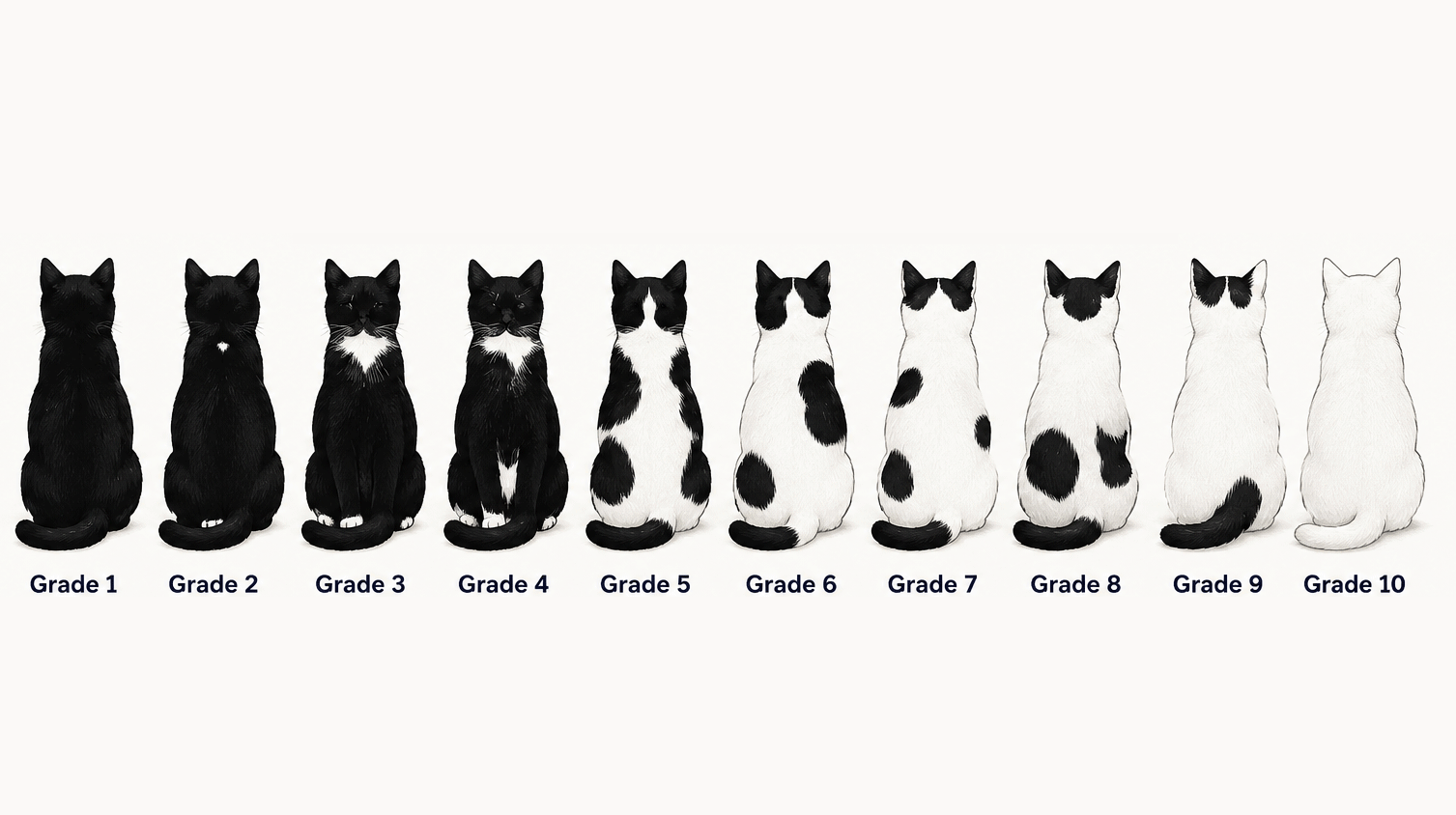 Infographic showing ten cat silhouettes illustrating the progression of white spotting from Grade 1 through Grade 10. The sequence begins with a solid-colored cat with no white markings and gradually increases the amount of white fur until Grade 10, which is completely white. Labels identify common coat patterns such as tuxedo, bicolor, harlequin, and van, and the diagram groups the grades into low-, medium-, and high-grade white spotting.